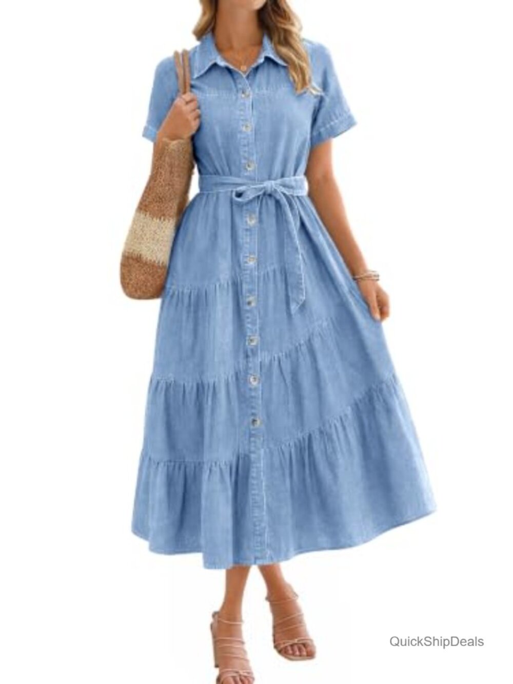 Womens Denim Shirt Dress Midi Jean Dress Short Sleeve Button Down Belted
